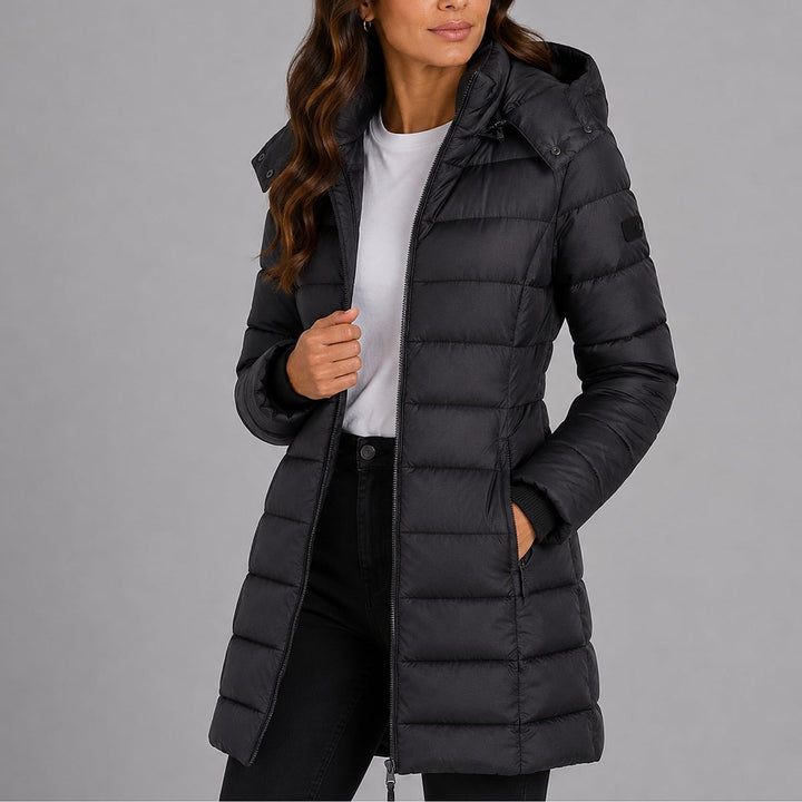 Women's Puffer Jacket in Black, front view