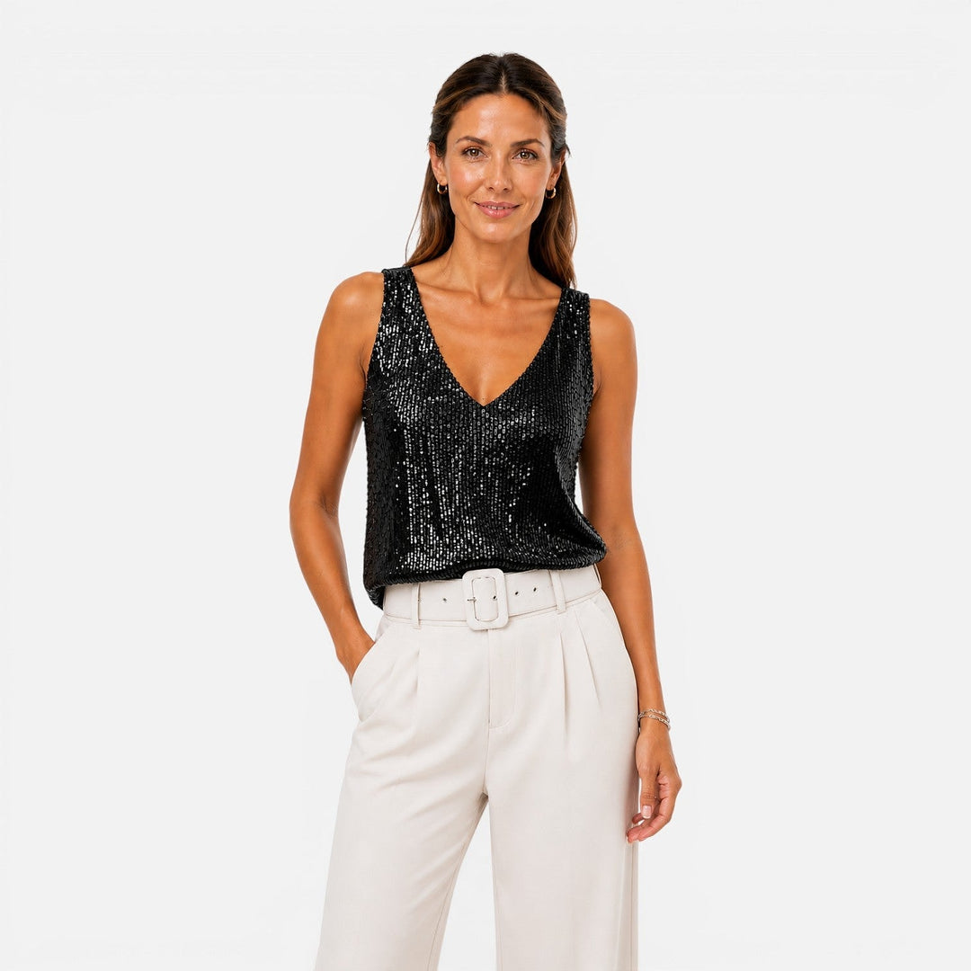 Women’s Sequin V Neck Top, front view