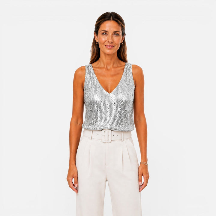 Women’s Sequin V Neck Top in Silver, front view