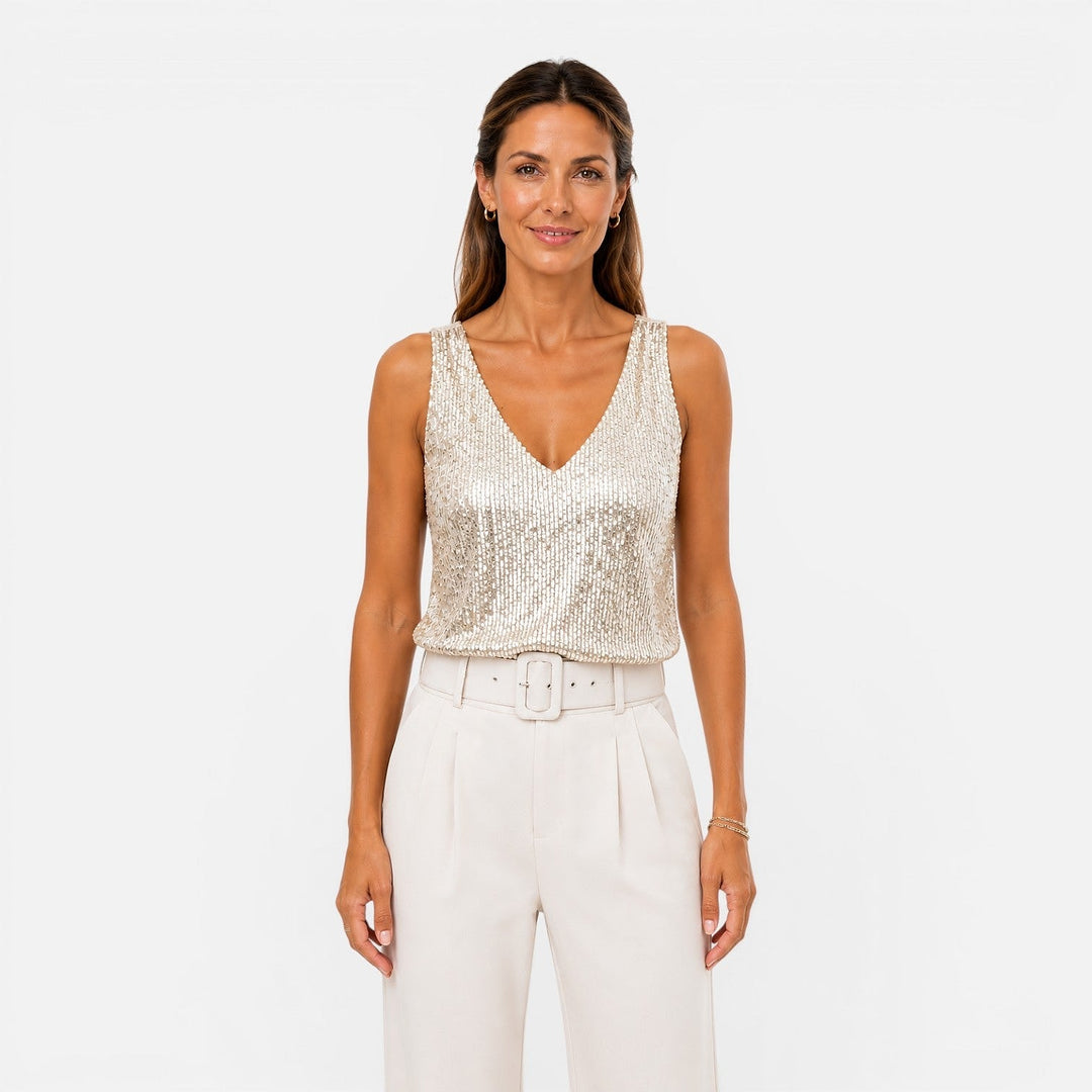 Women’s Sequin V Neck Top in Beige, front view