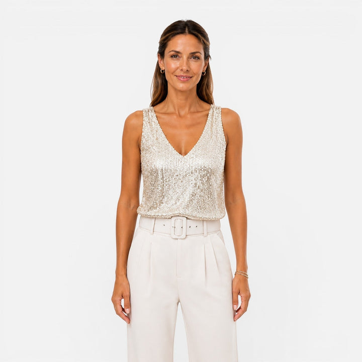 Women’s Sequin V Neck Top in Beige, front view