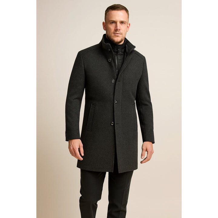 Men's Stand Collar Overcoat in Charcoal, front view
