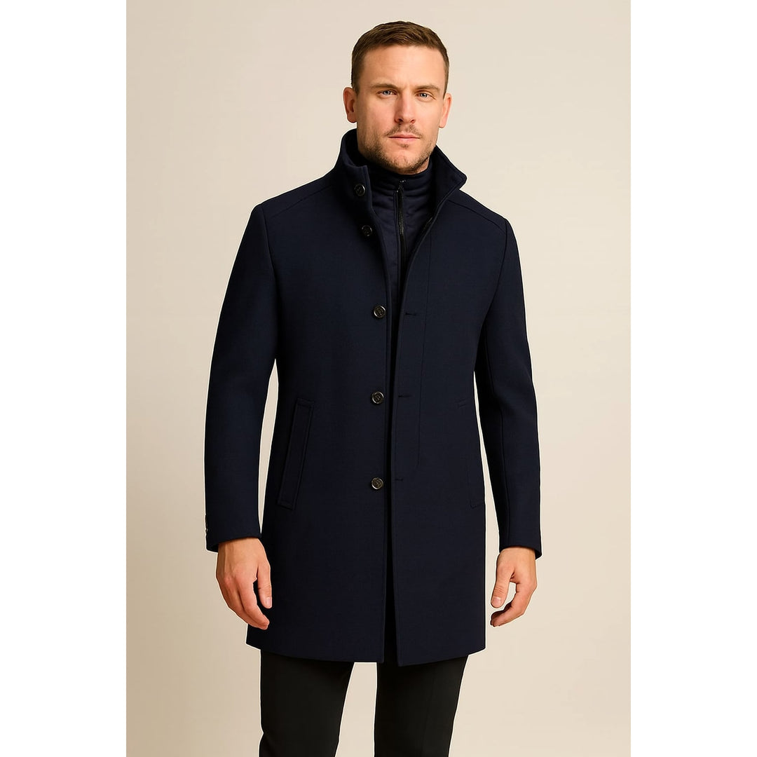 Men's Stand Collar Overcoat in Navy, front view