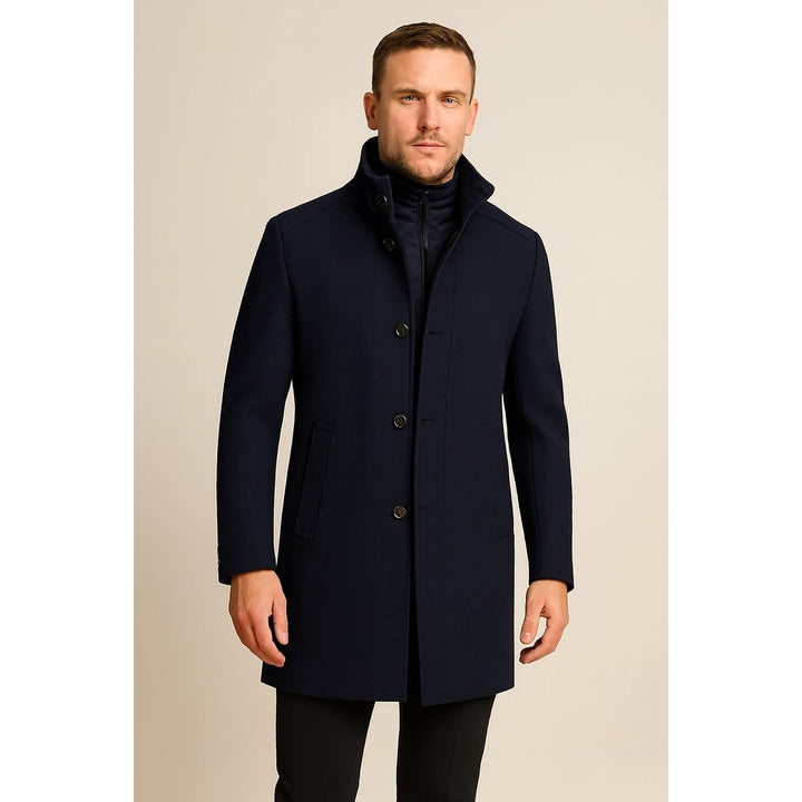 Men's Stand Collar Overcoat in Navy, front view