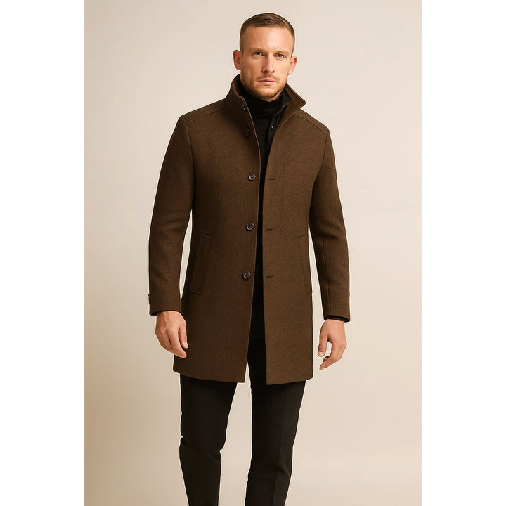 Men's Stand Collar Overcoat in Brown, front view