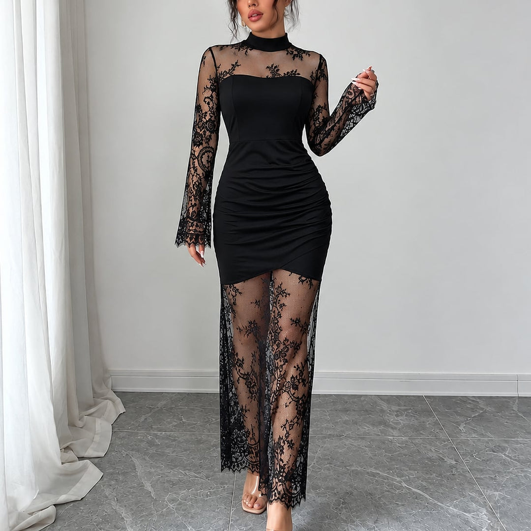 Women's Lace Floor Length Dress in Black, front view