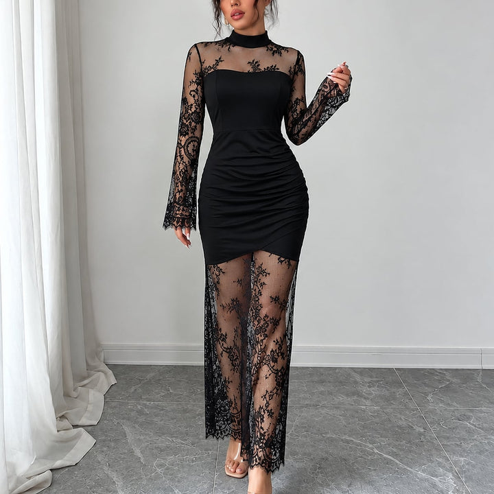 Women's Lace Floor Length Dress in Black, front view