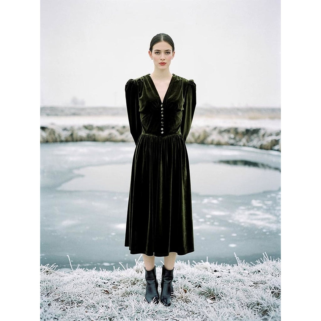 Women's Green Velvet Midi Dress, front view