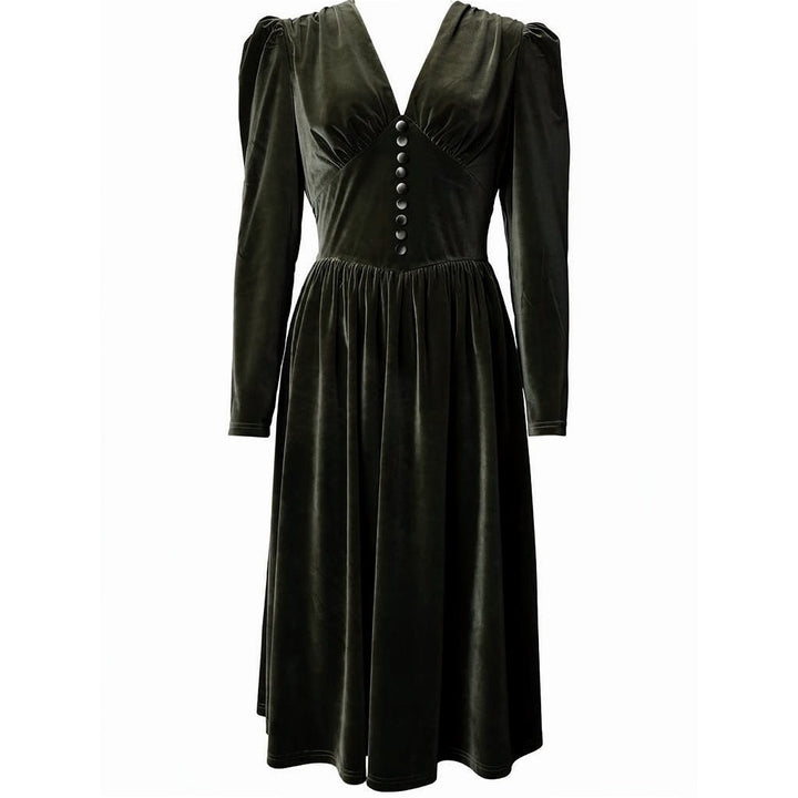 Women's Green Velvet Midi Dress, front view 2