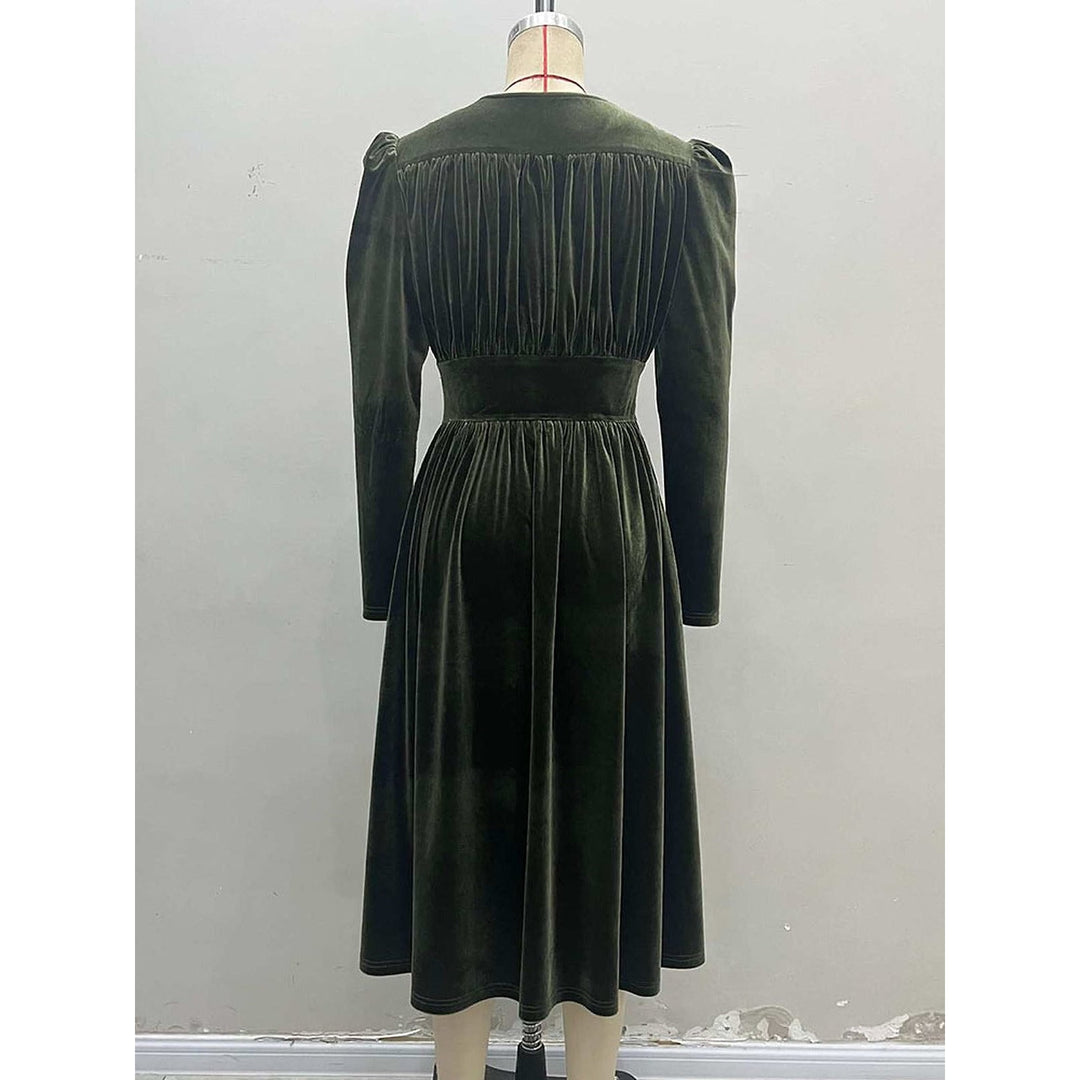 Women's Green Velvet Midi Dress, back view 2