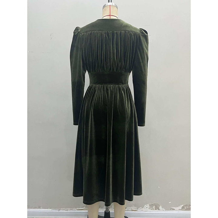 Women's Green Velvet Midi Dress, back view 2