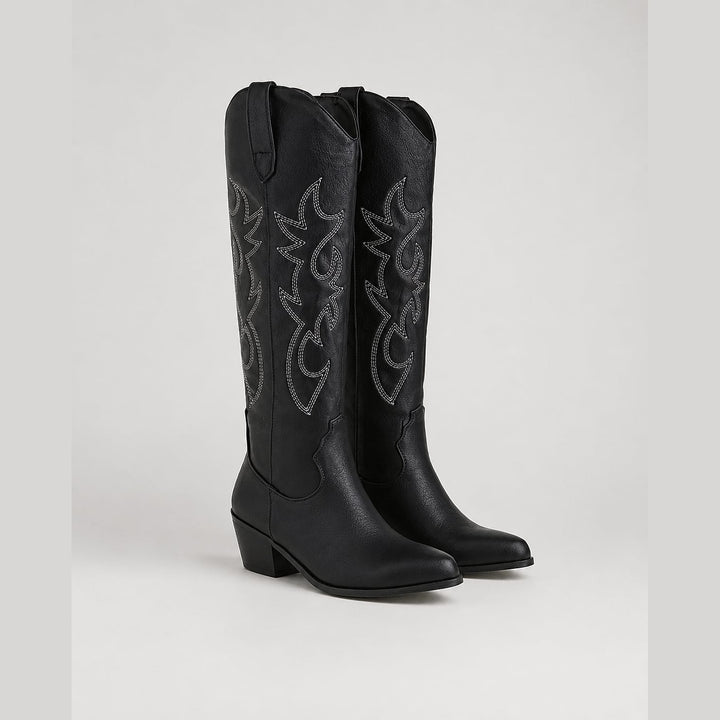 Women’s Embroidered Cowboy Boots in Black, front view
