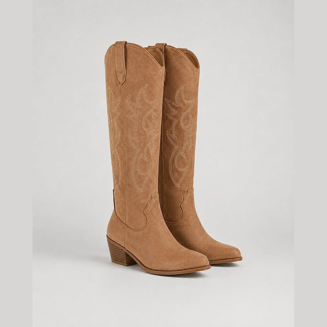 Women’s Embroidered Cowboy Boots in Brown, front view
