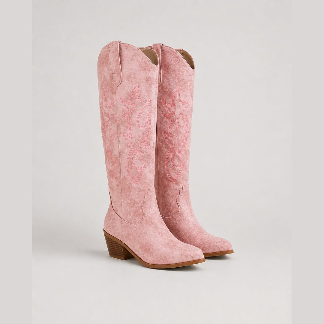 Women’s Embroidered Cowboy Boots in Pink, front view