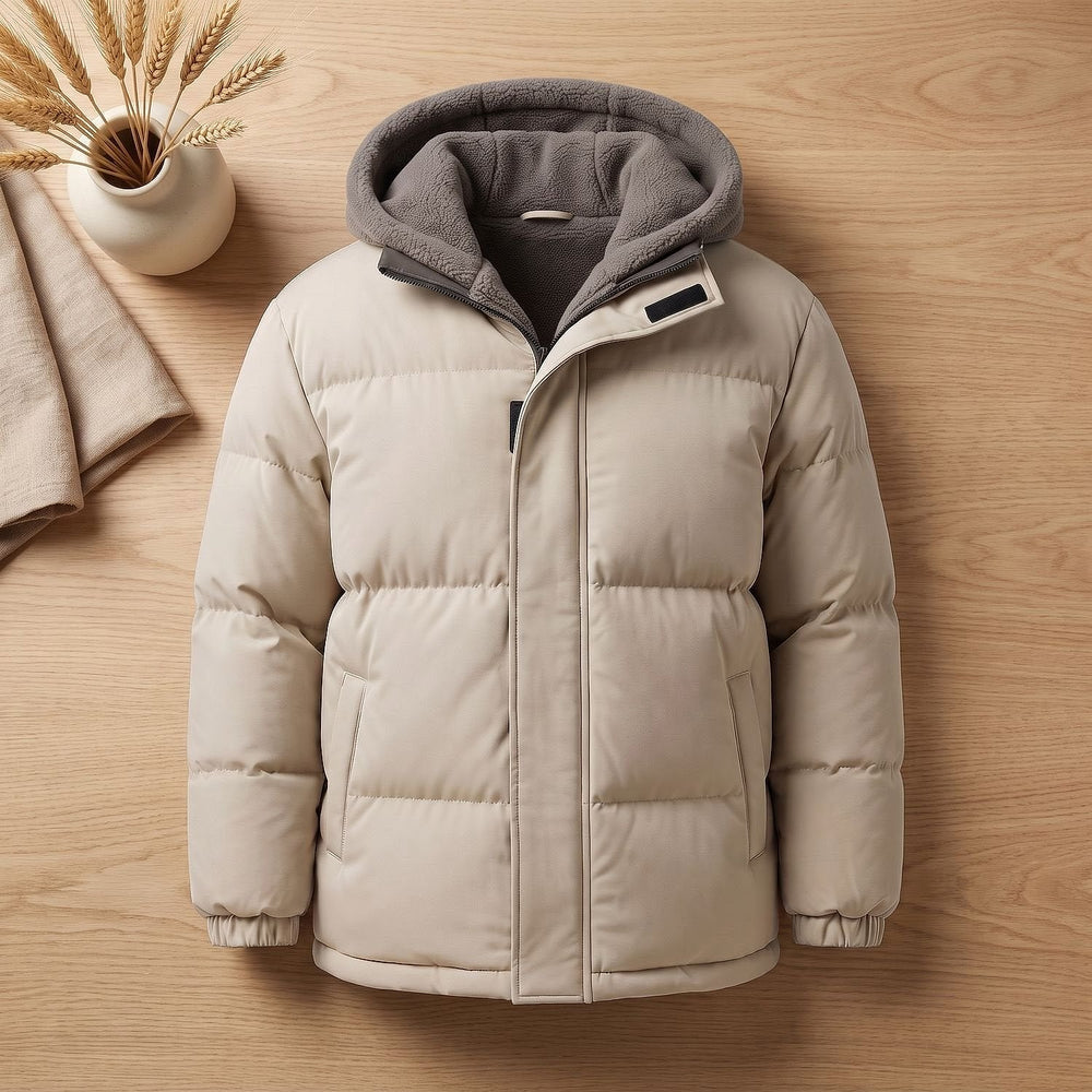 Men's Hooded Puffer Jacket in White, detail view