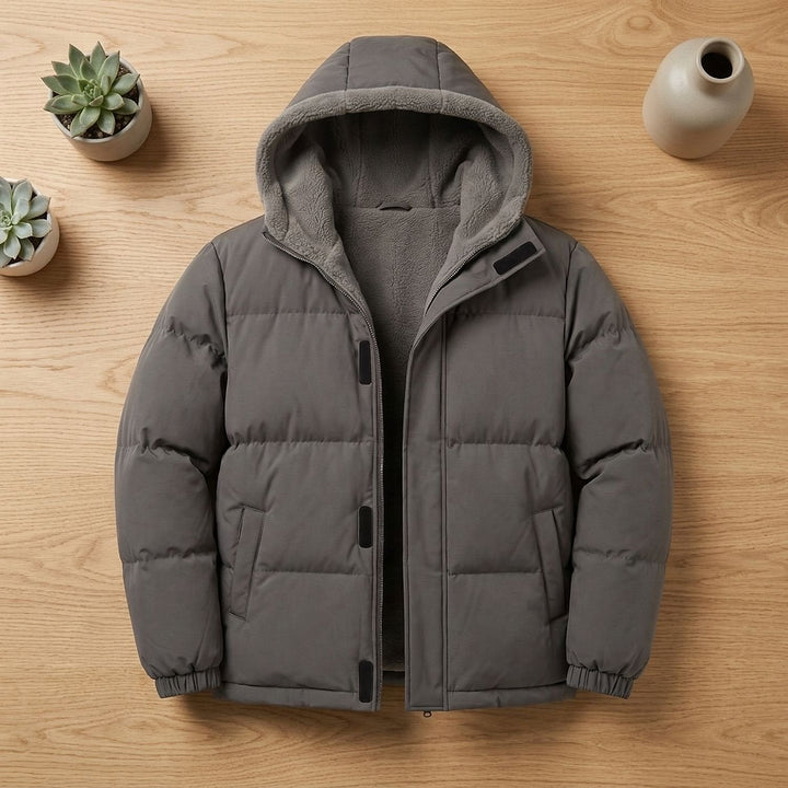 Men's Hooded Puffer Jacket in Dark Gray, detail view