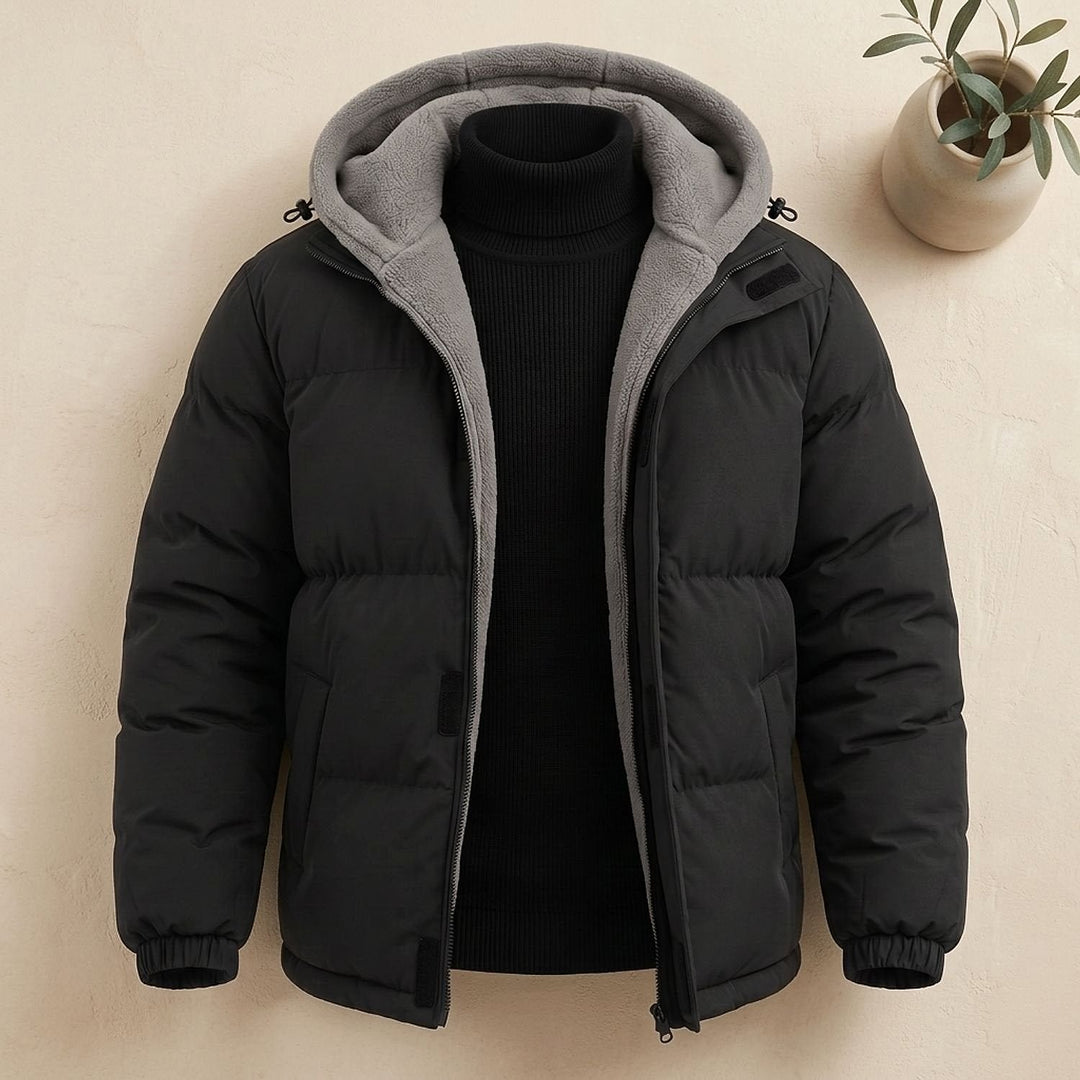 Men's Hooded Puffer Jacket in Black, detail view