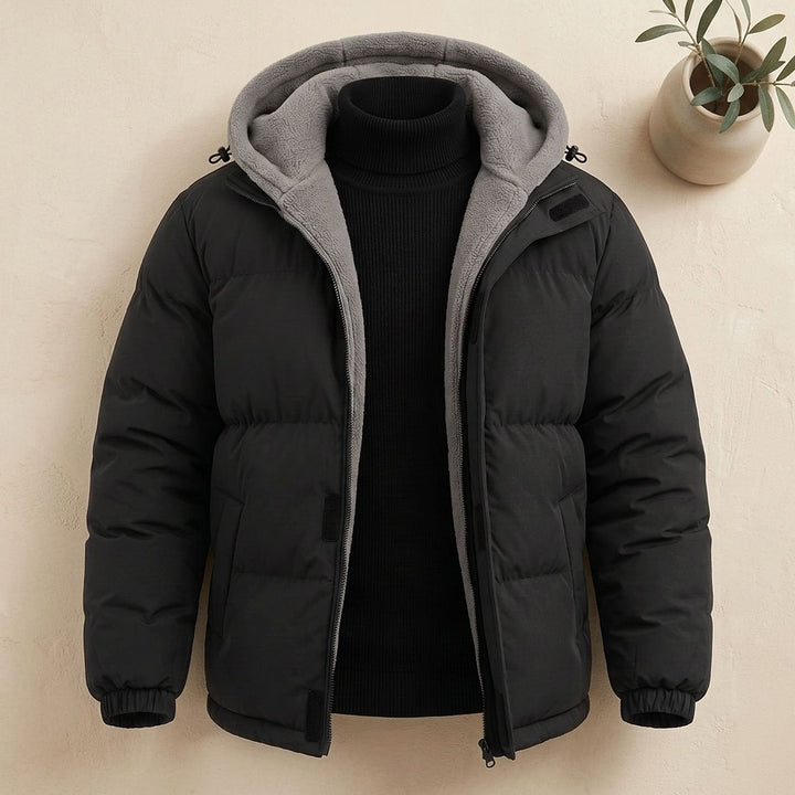 Men's Hooded Puffer Jacket in Black, detail view