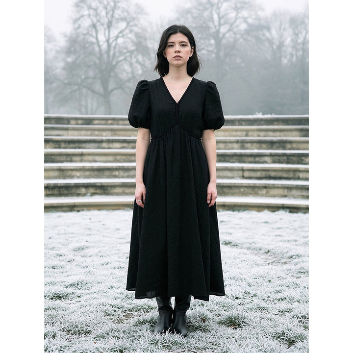 Women's Puff Sleeve Maxi Dress in Black, front view