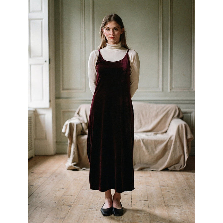 Women's Long Velvet Dress in Burgundy, front view