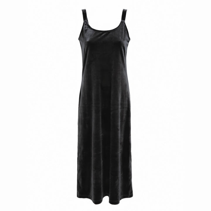 Women's Long Velvet Dress in Black, front view