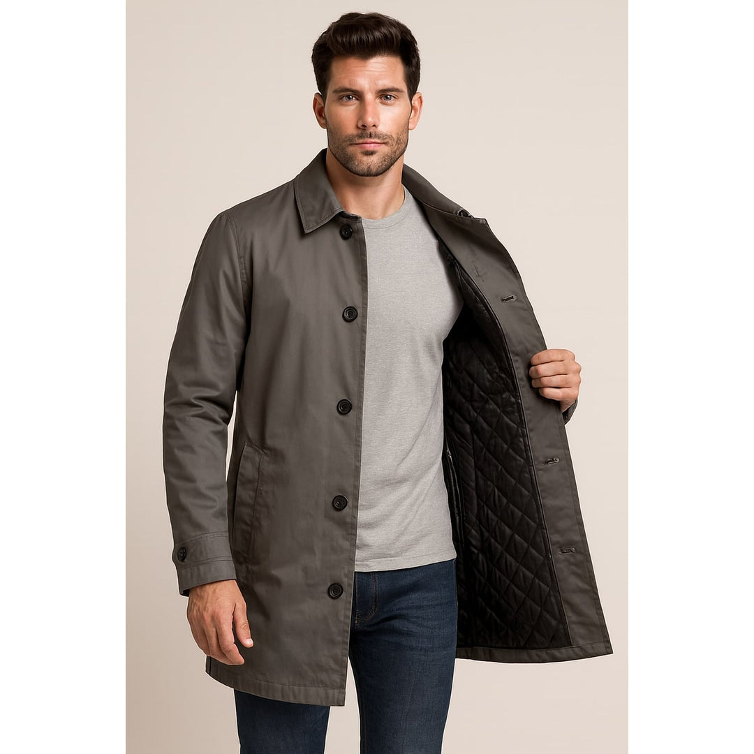 Men's Quilted Car Coat in Gray, front view