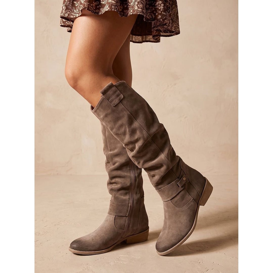 Women’s Pointed Toe Knee High Boots in Taupe, side view