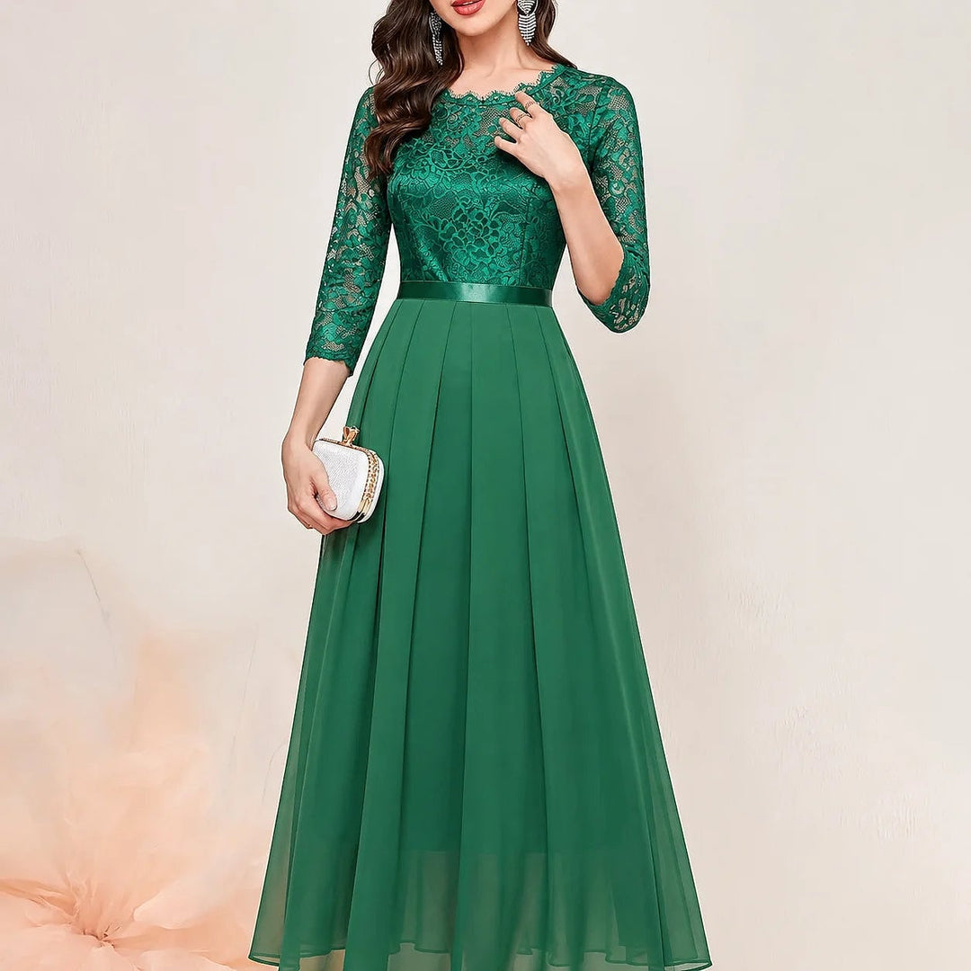 Women's Lace Maxi Dress in Green, front view