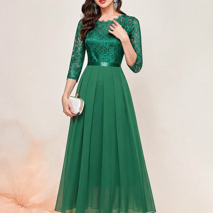 Women's Lace Maxi Dress in Green, front view