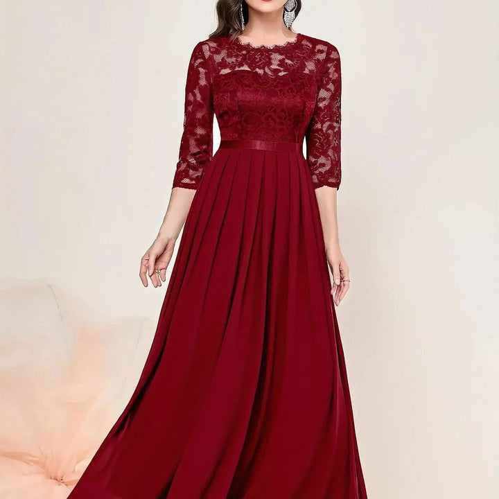 Women's Lace Maxi Dress in Red, front view