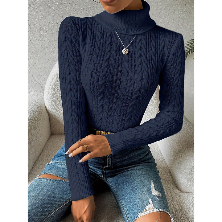 Women's Cable Knit Christmas Sweater in Dark Blue, front view