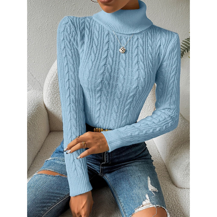 Women's Cable Knit Christmas Sweater in Light Blue, front view