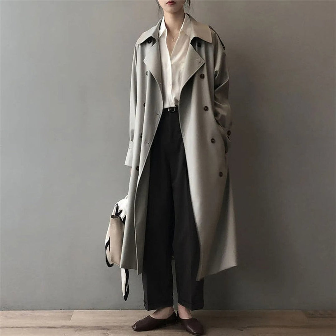 Women's Double Breasted Trench Coat in Gray, front view