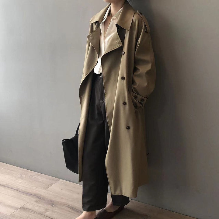 Women's Double Breasted Trench Coat in Khaki, front view