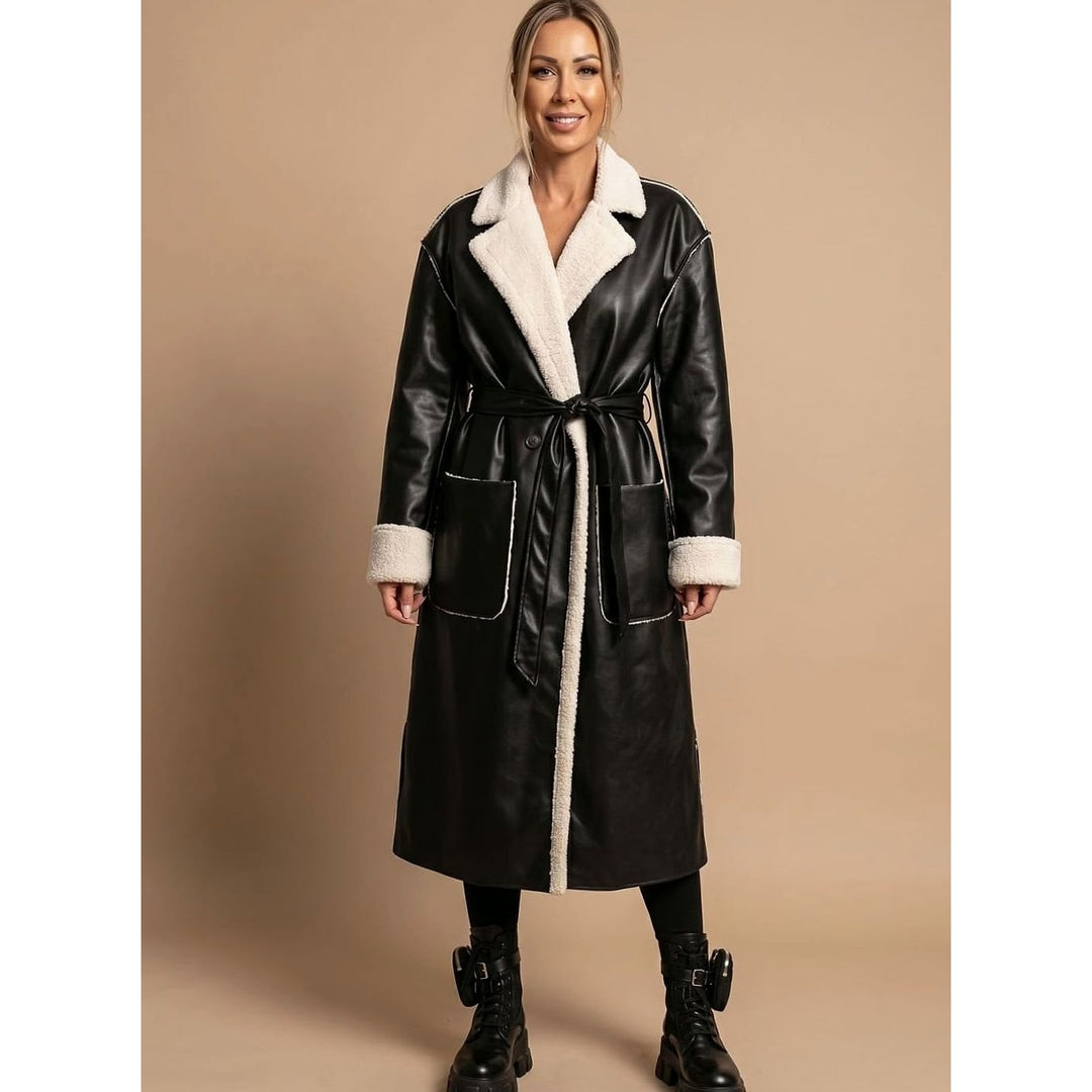 Women's Faux Leather Coat in Black, front view