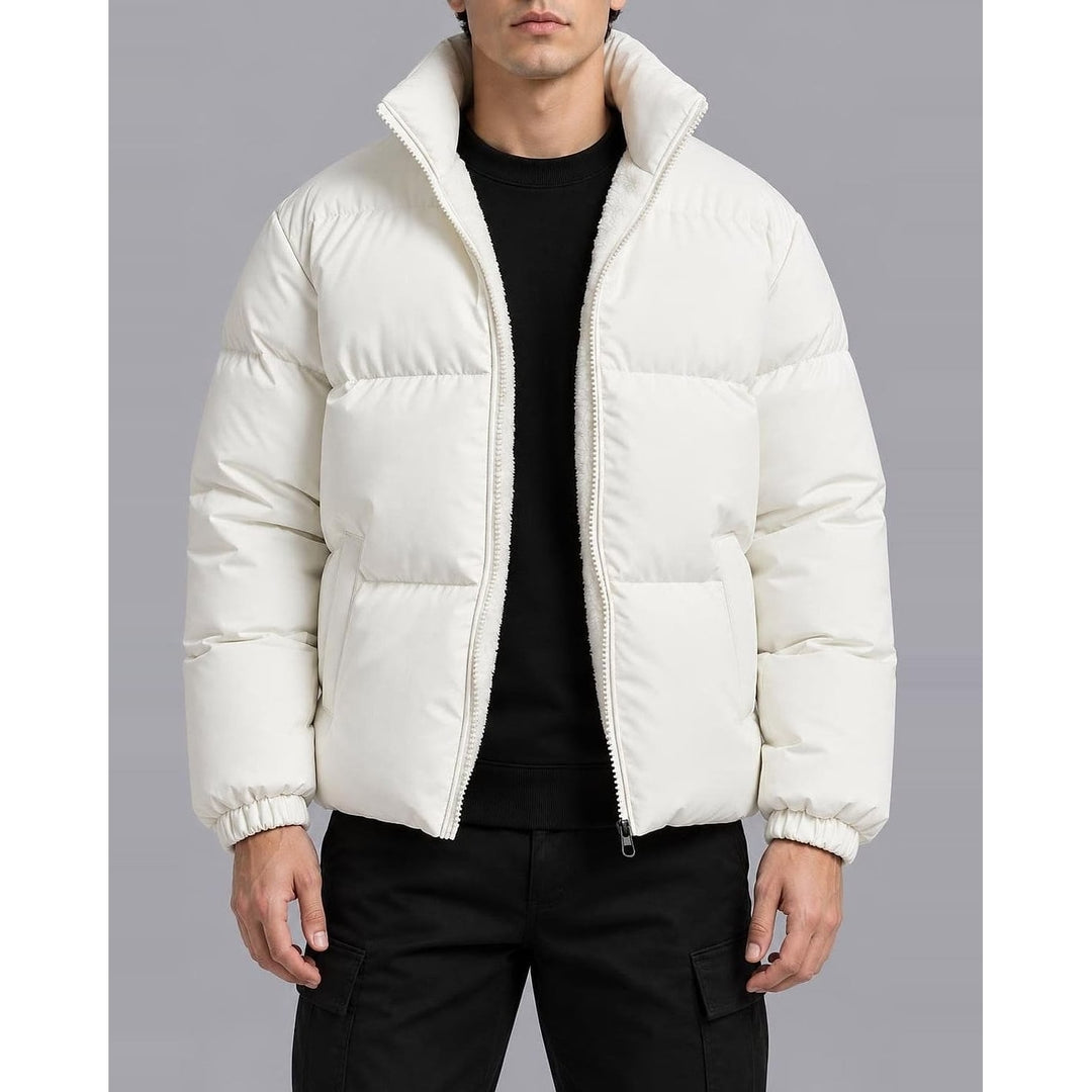 Men's Quilted Puffer Jacket in White, front view