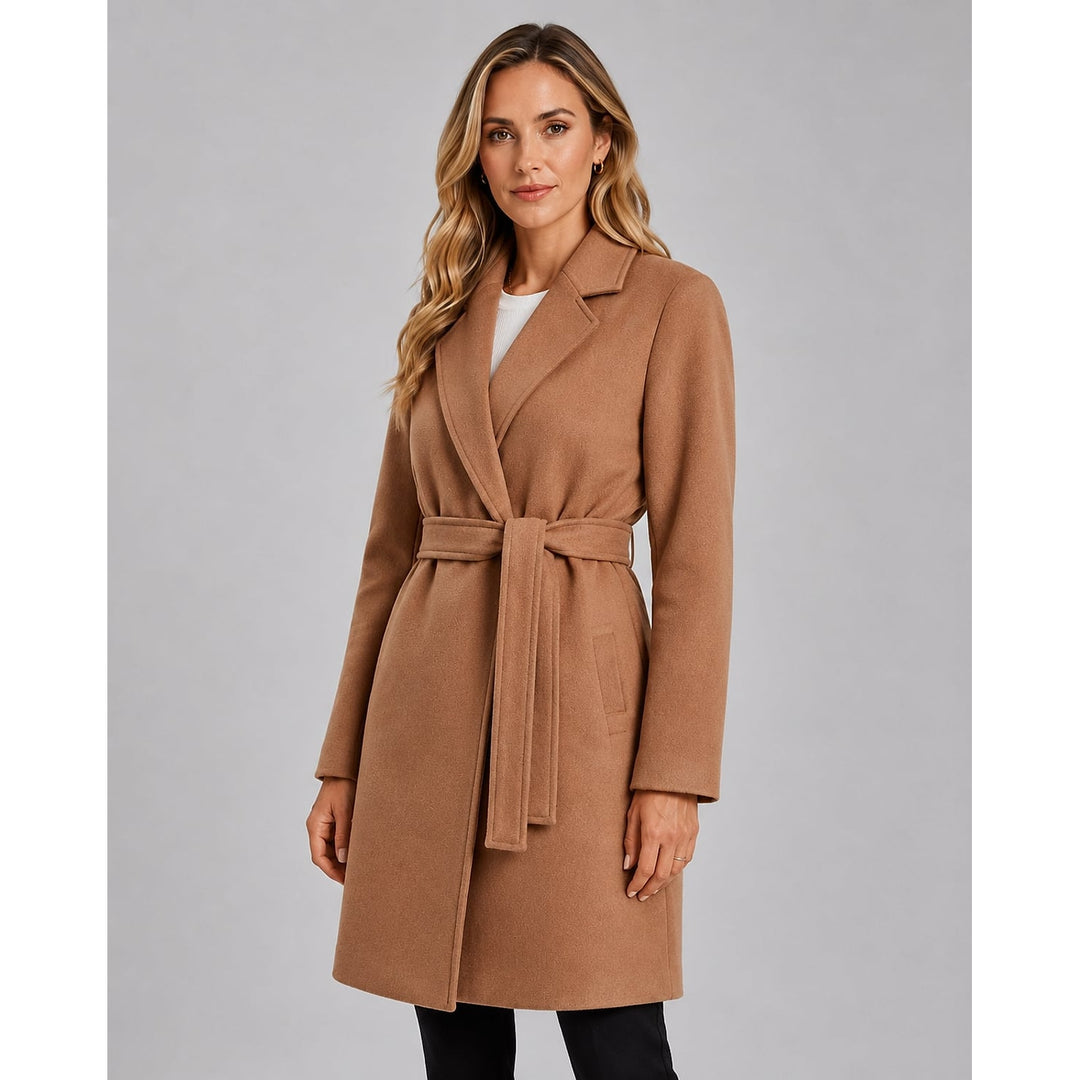 Women's Long Wrap Coat in Brown, front view