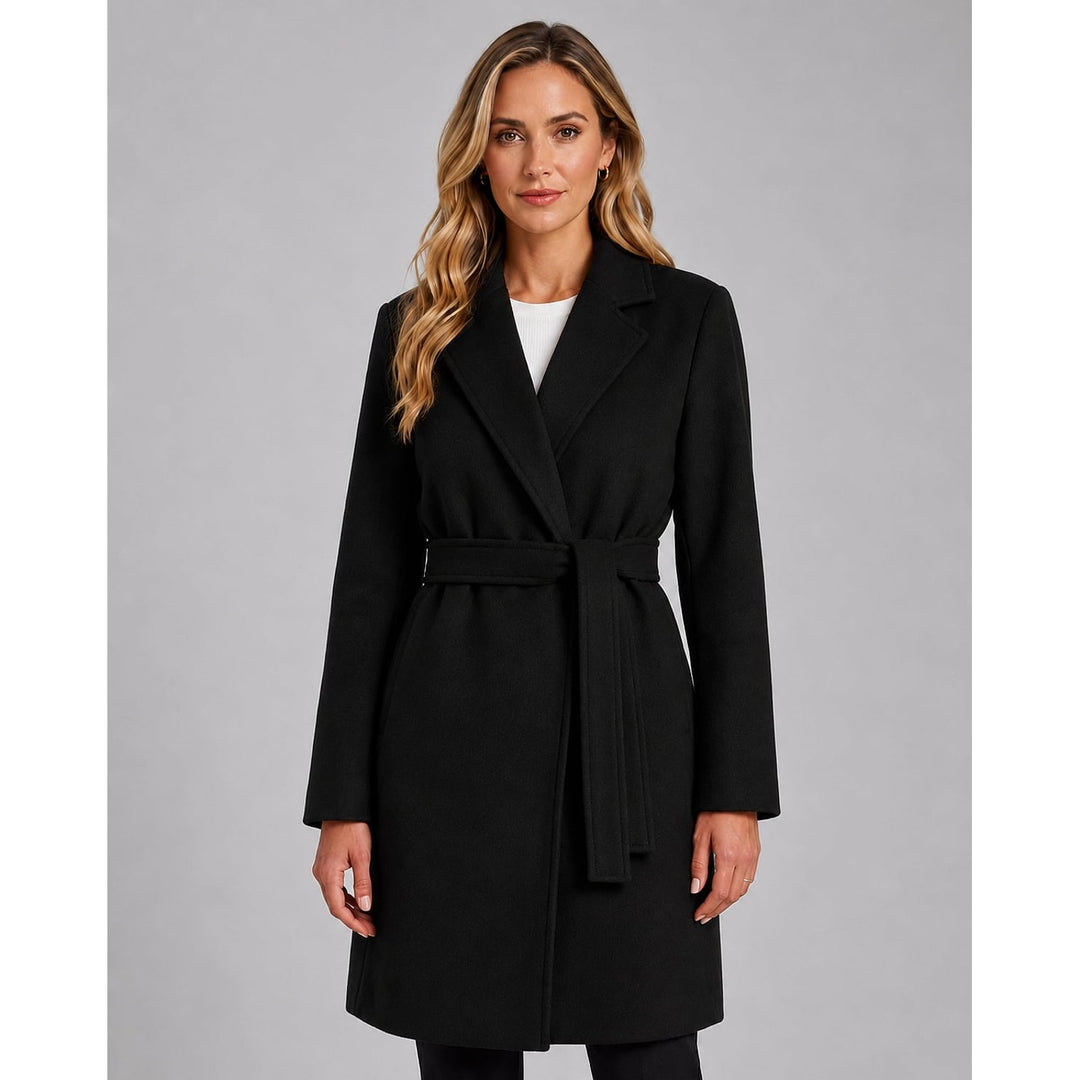 Women's Long Wrap Coat in Black, front view
