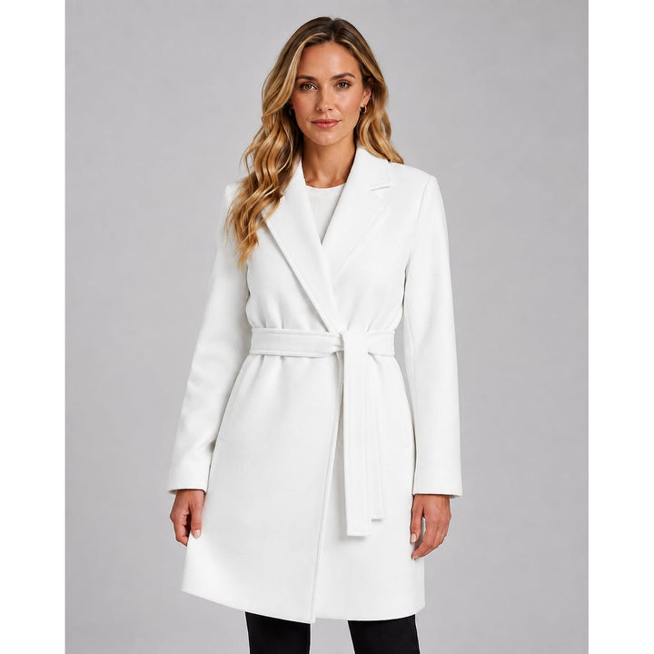 Women's Long Wrap Coat in White, front view