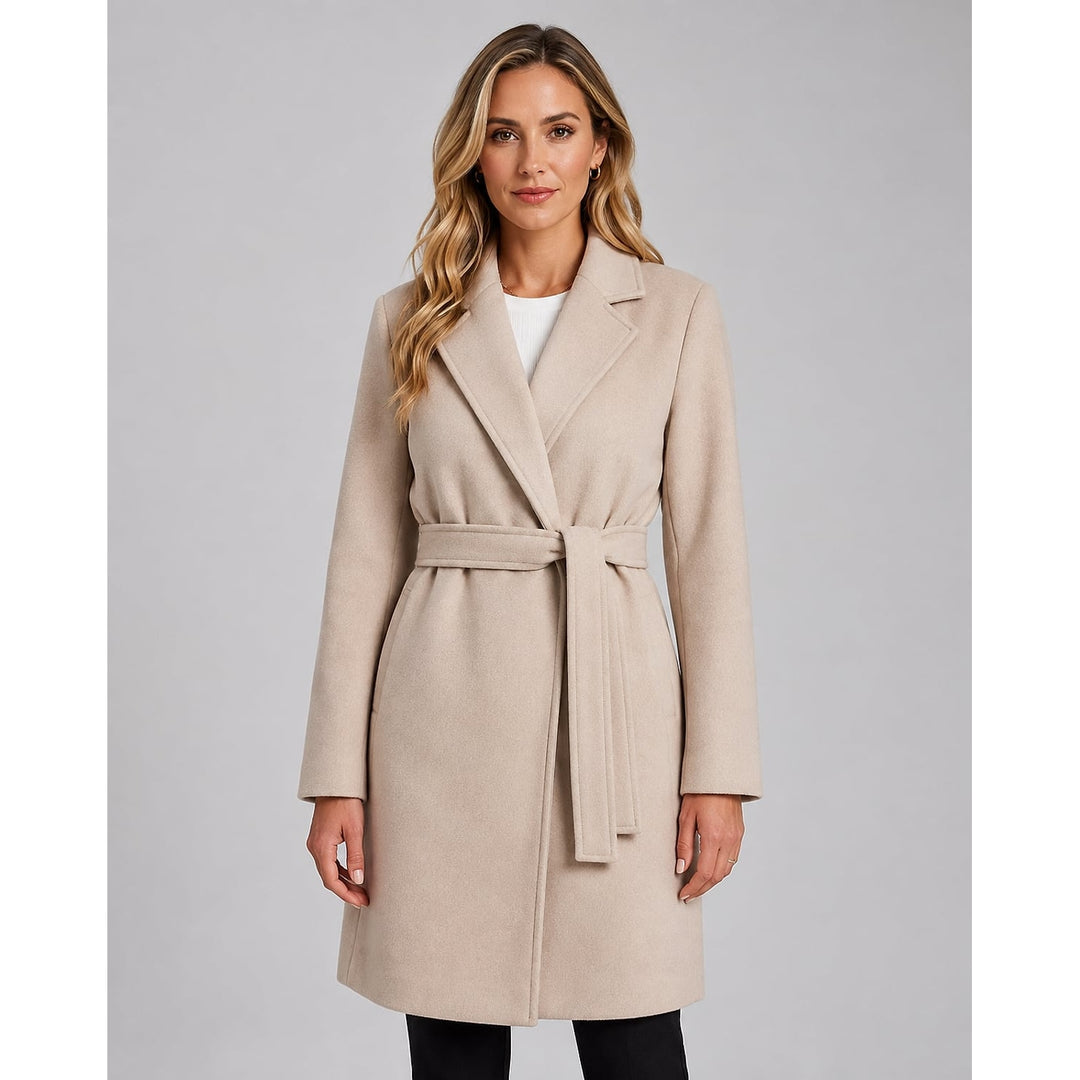 Women's Long Wrap Coat in Beige, front view