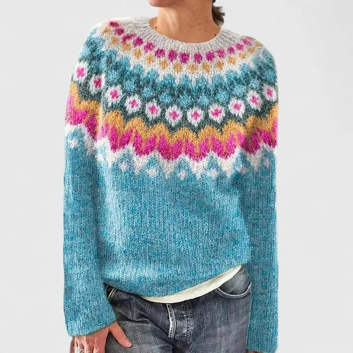 Women's Fair Isle Sweater in Ocean Blue, detail view