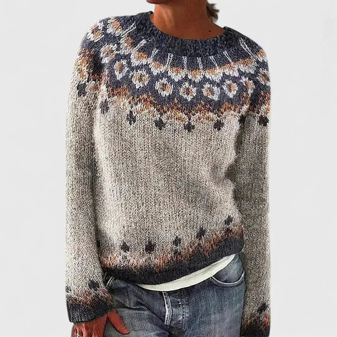 Women's Fair Isle Sweater in Dark Gray, detail view