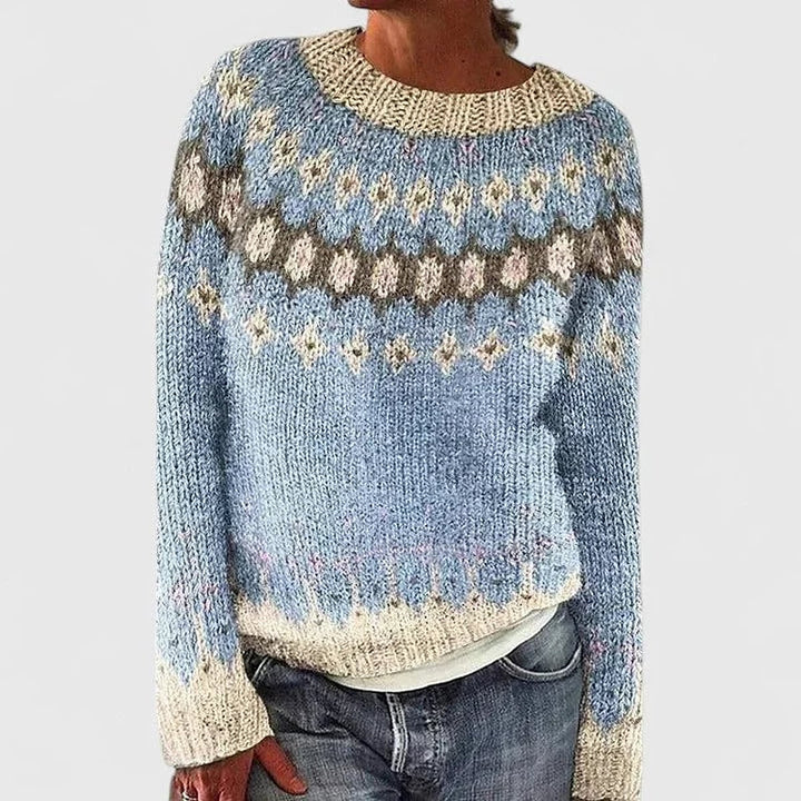 Women's Fair Isle Sweater in Light Blue, detail view