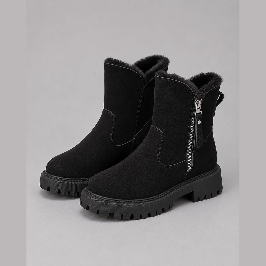 Women's Faux Fur Lined Ankle Boots in Black, front view