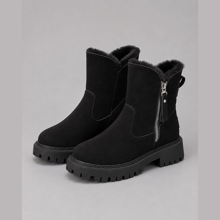 Women's Faux Fur Lined Ankle Boots in Black, front view