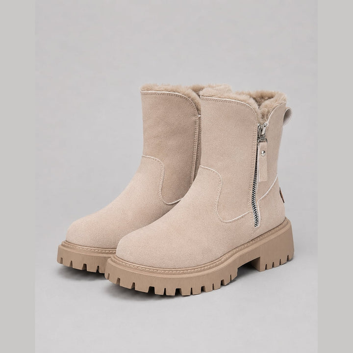 Women's Faux Fur Lined Ankle Boots in Beige, front view