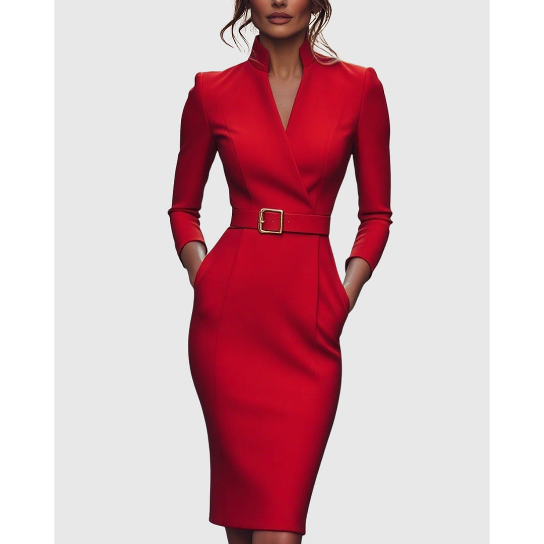 Women's Long Sleeve Midi Dress in Red, front view