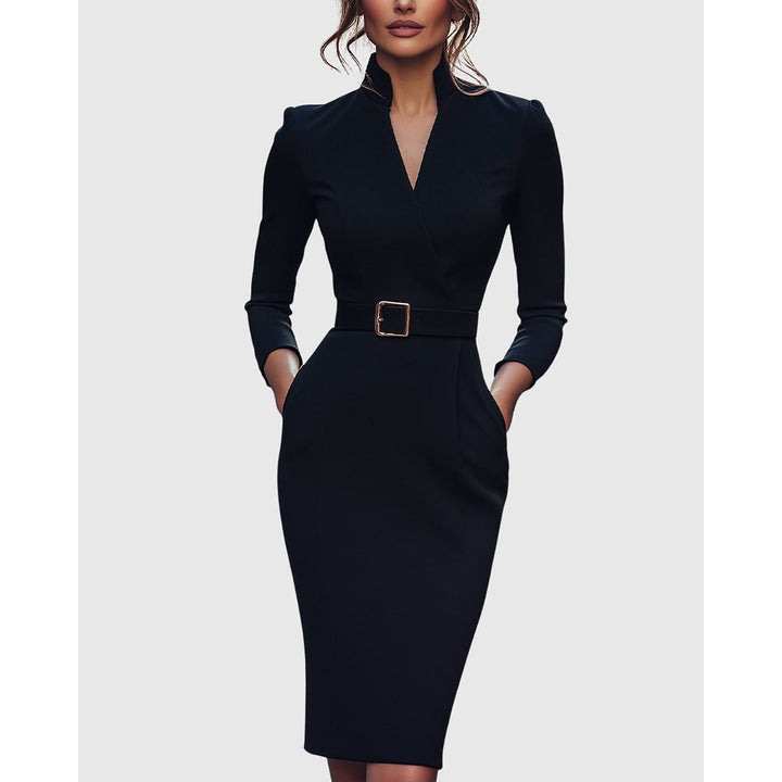 Women's Long Sleeve Midi Dress in Black, front view