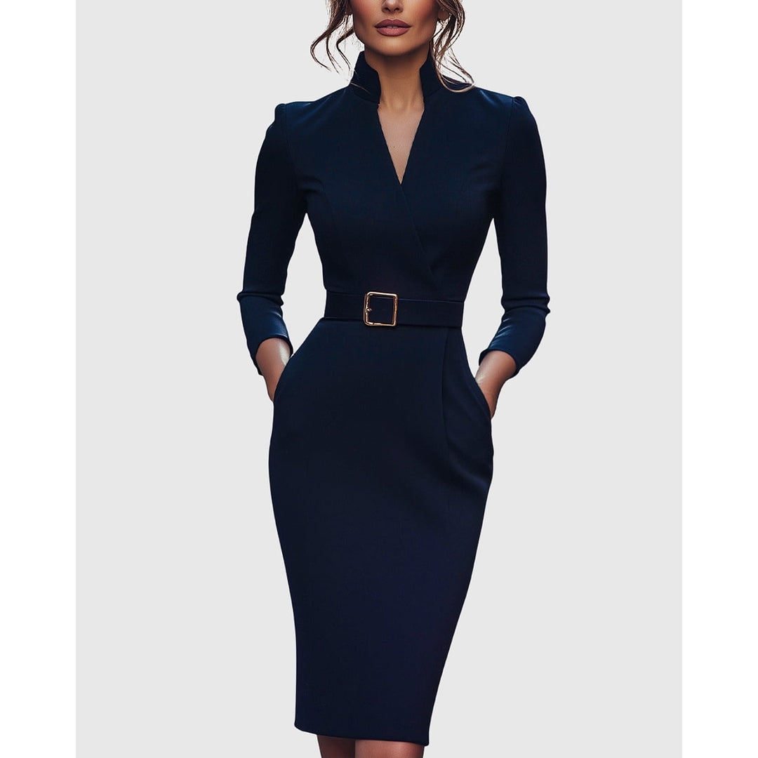 Women's Long Sleeve Midi Dress in Navy, front view