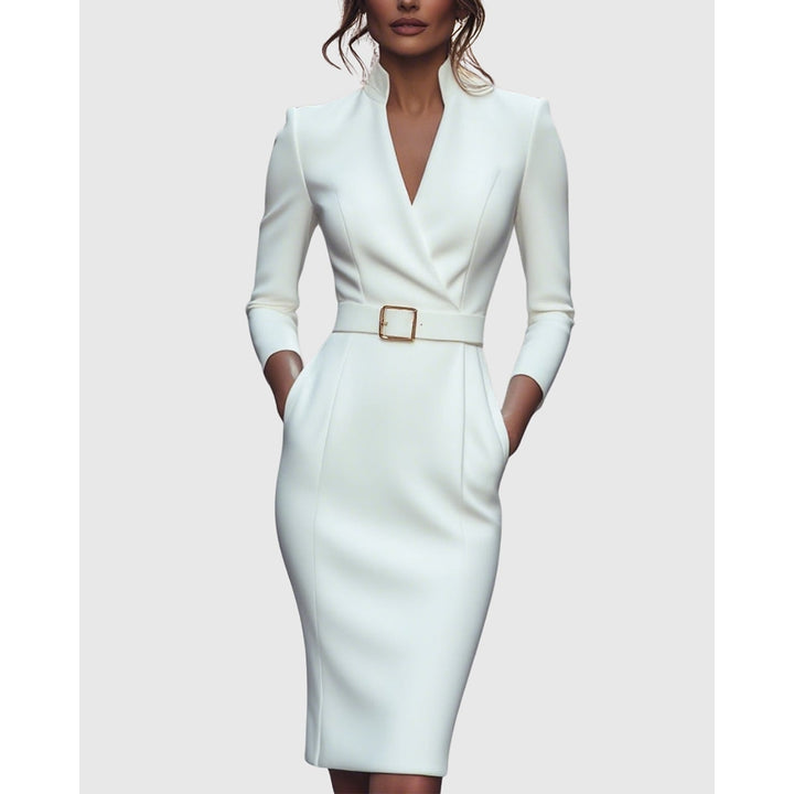 Women's Long Sleeve Midi Dress in White, front view